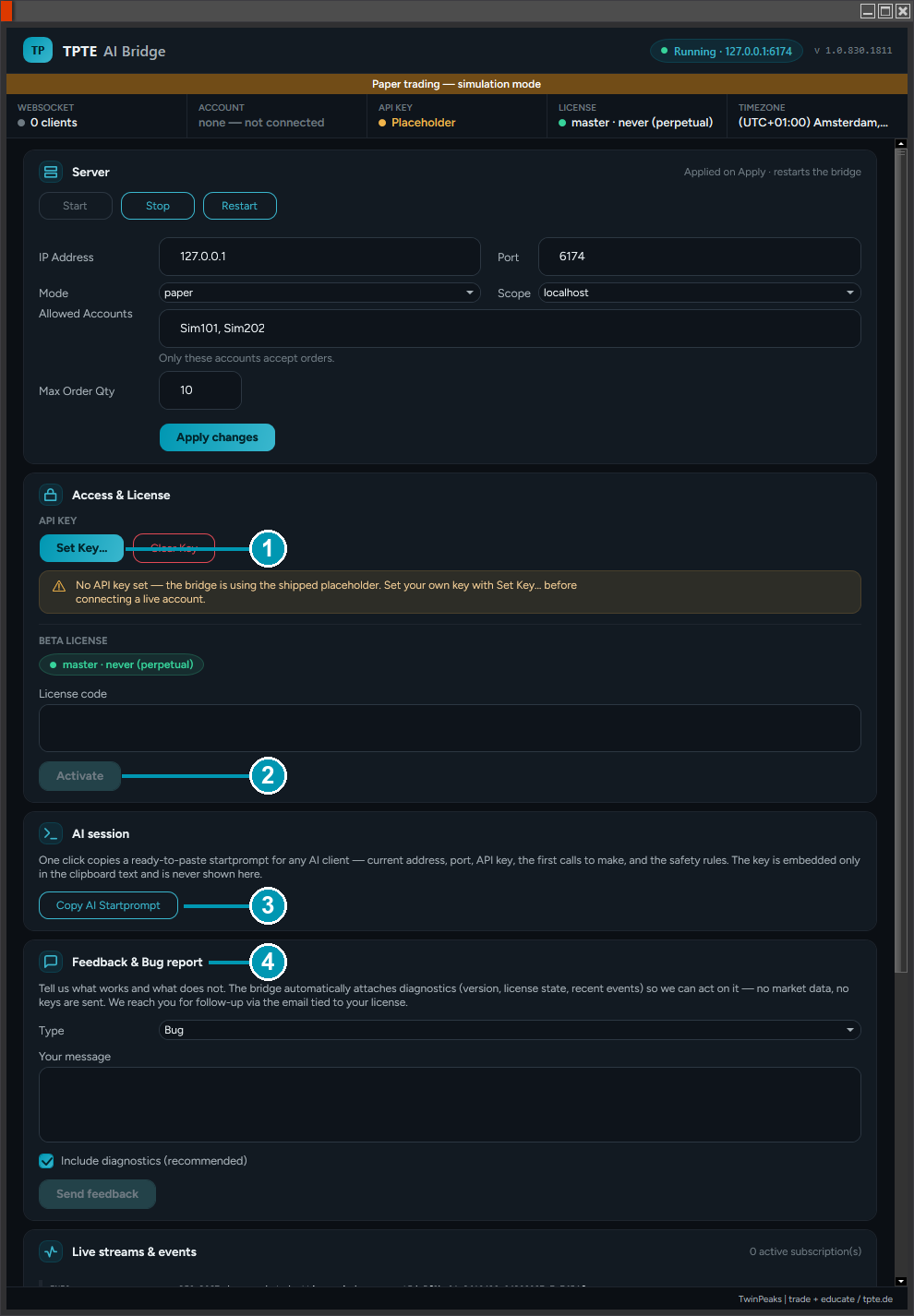 NT AI Bridge settings window with the four key controls marked